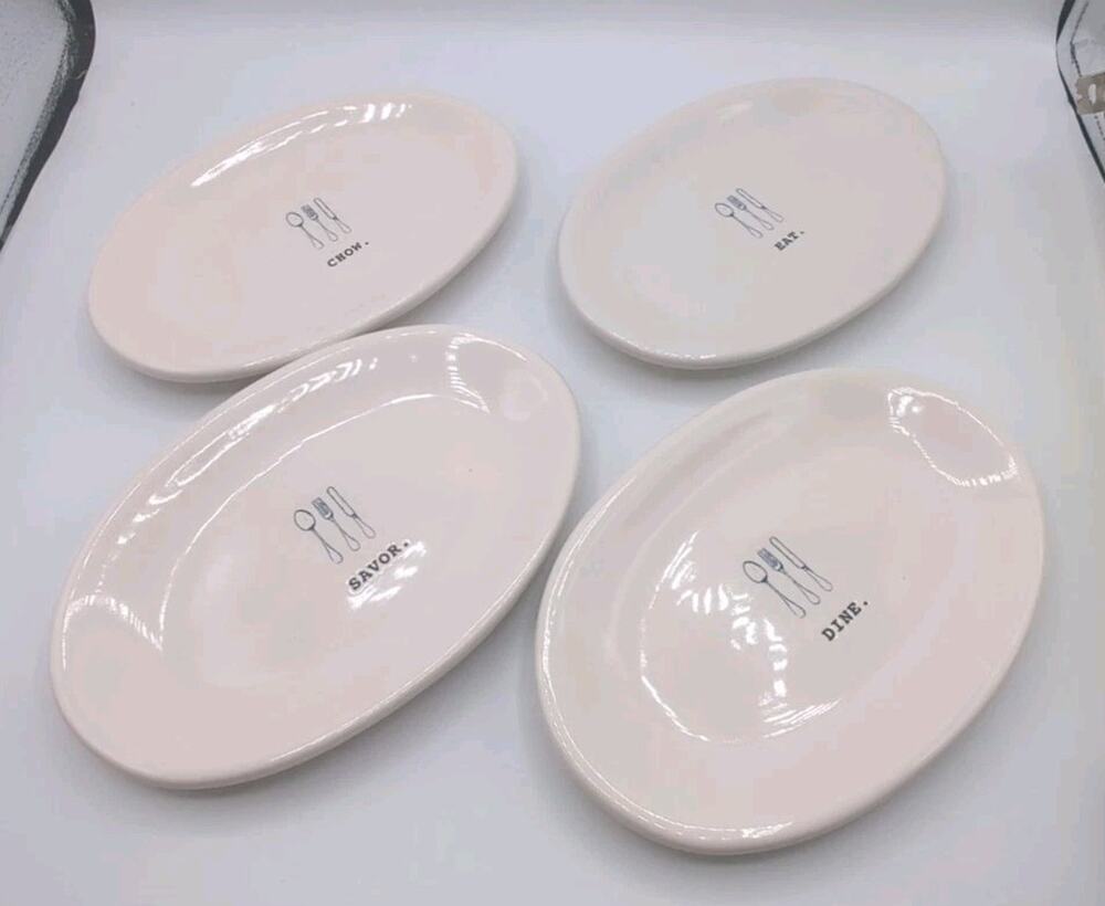 Rae Dunn Set Of 4 OVAL Appetizer Plates "Chow" "Eat" "Dine" "Savor"